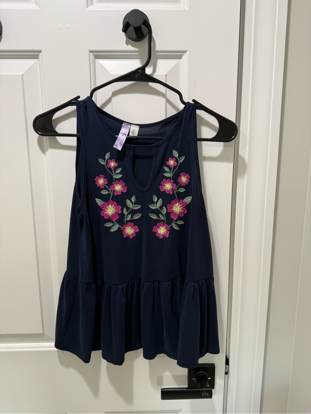 Francesca's Navy Sleeveless Tank with Pink Floral Embroidery